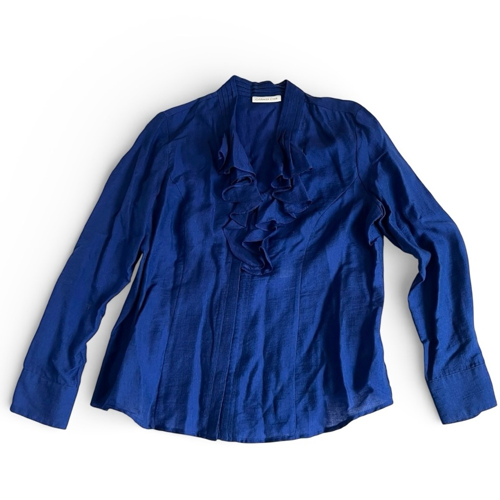 Coldwater Creek Royal Blue Button Down Ruffle Front Blouse - PL